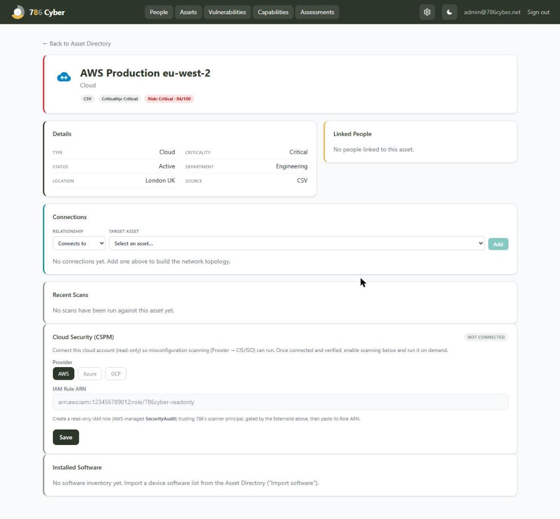 Connecting a cloud account — provider selector for AWS, Azure and GCP with read-only, revocable access
