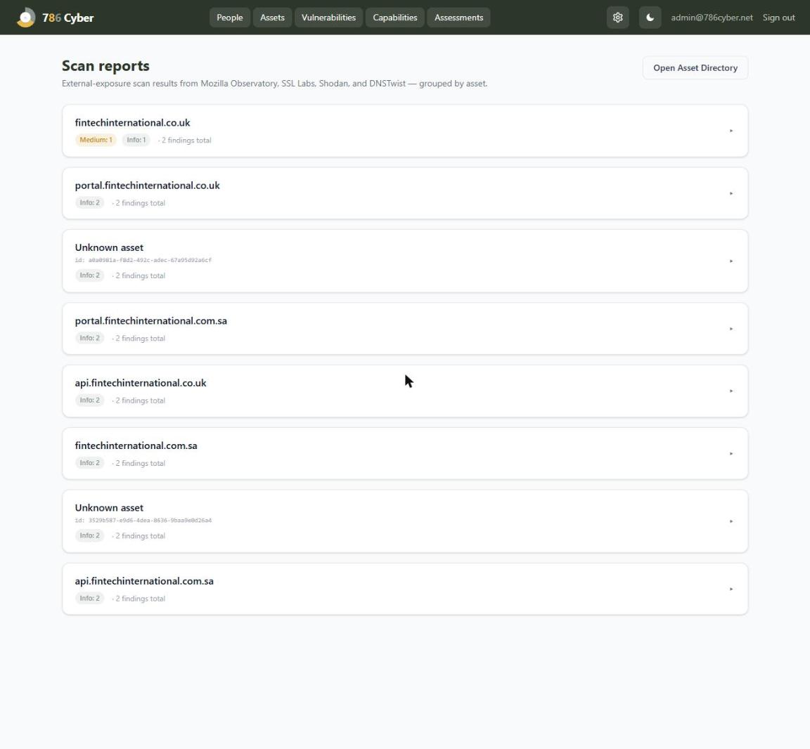 Scan Reports — exportable, branded reports with severity breakdown and per-finding remediation detail.