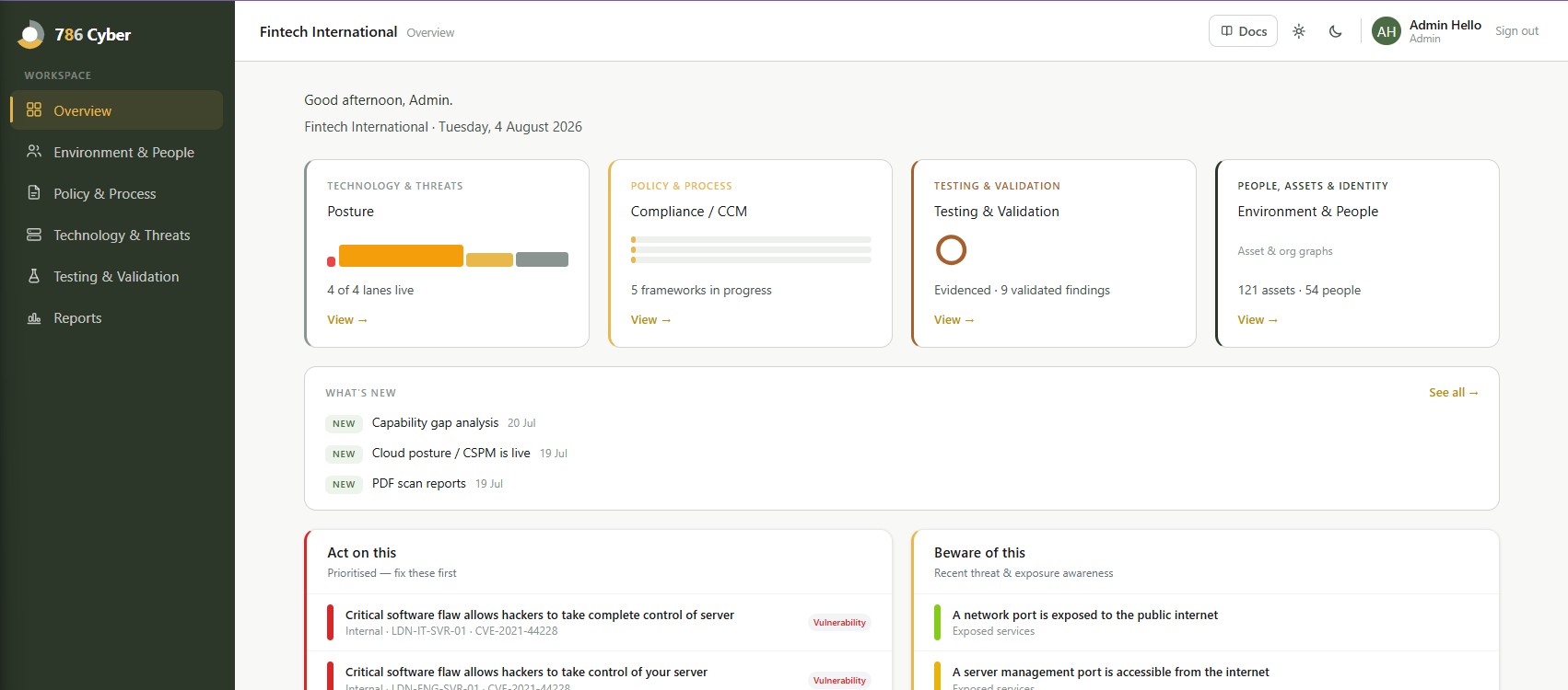 The Overview dashboard on first login: a personalised greeting, the four pillar cards (Posture, Compliance/CCM, Testing & Validation, Environment & People), the What’s New feed, and the "Act on this" and "Beware of this" queues.