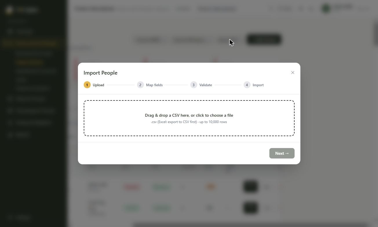 Step 1 of the people Import Wizard — choosing a CSV file to upload, before the field-mapping and validation steps.