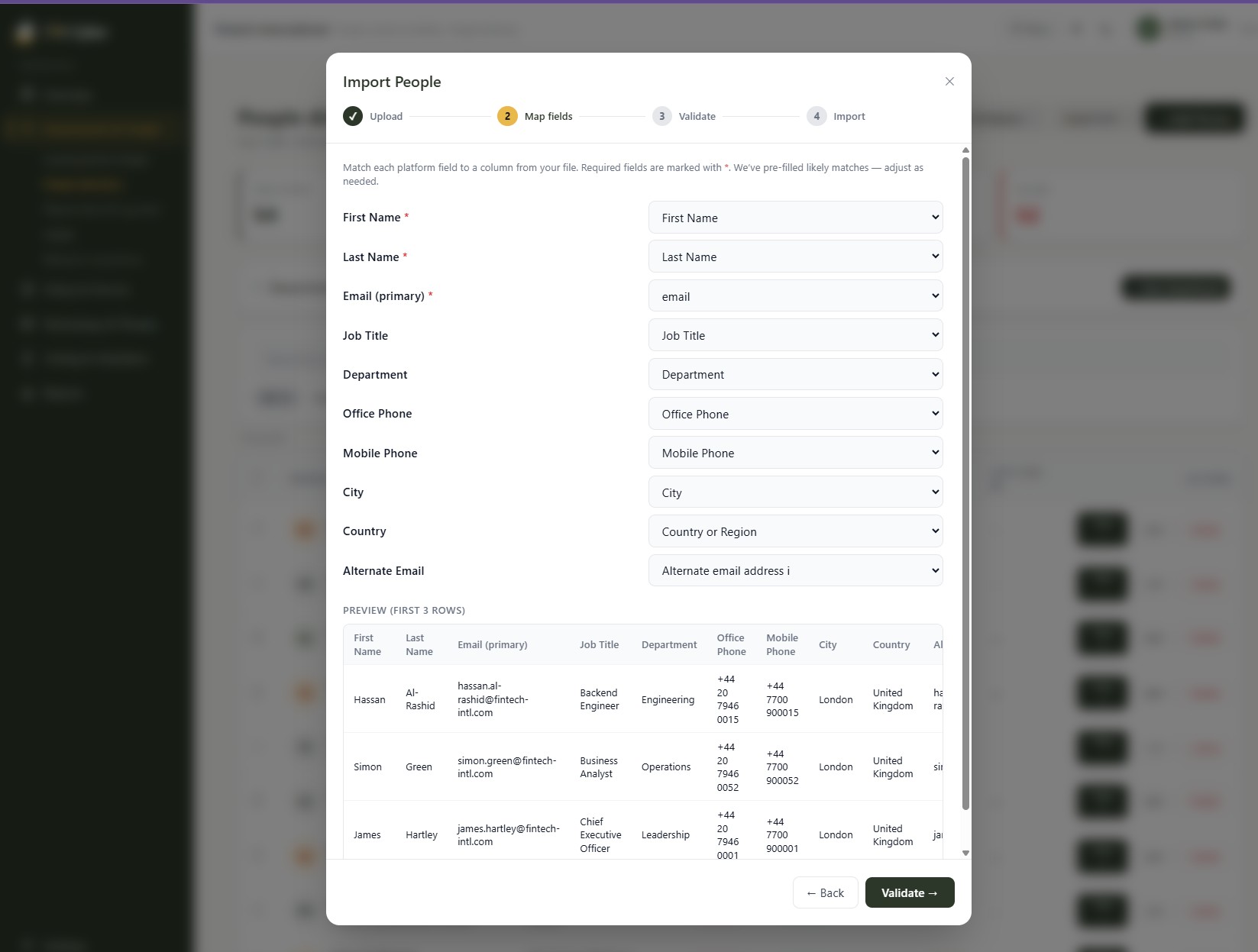 Step 2 of the people Import Wizard — matching each platform field to a column from your file, with required fields marked and a preview of the first three rows.