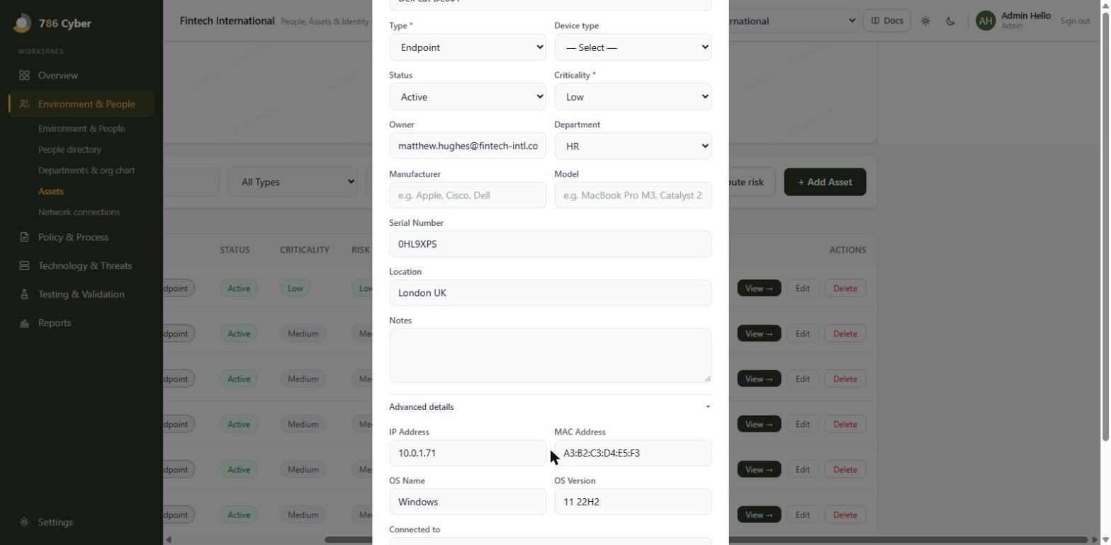 The Add Asset form with the Advanced details section expanded, showing the IP address, MAC address and operating system fields.