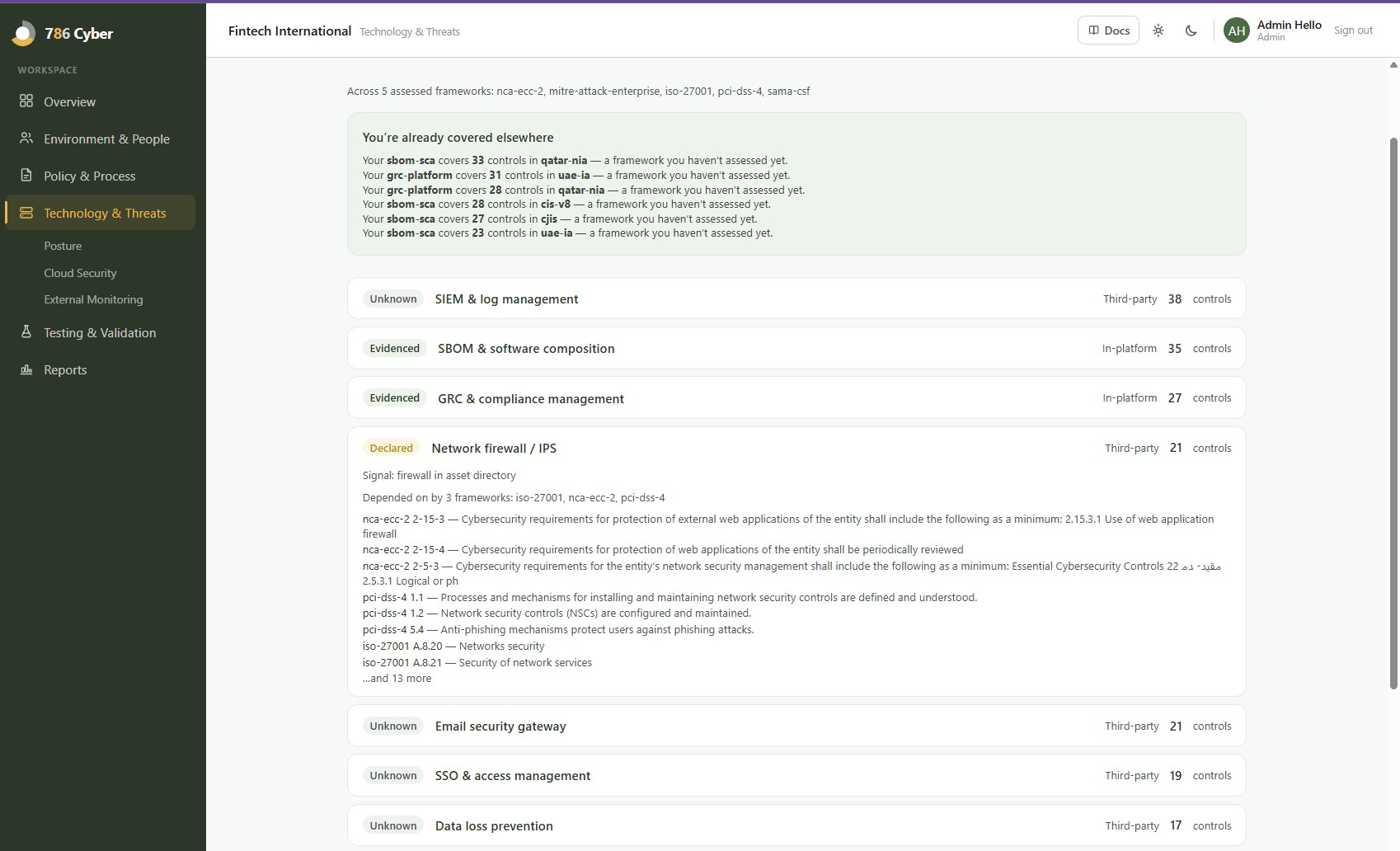 The Capabilities page with Evidenced, Declared and Unknown status badges and a control count against each row. "Network firewall / IPS" is expanded, showing the signal that inferred it, the three frameworks that depend on it, and the specific controls it answers.