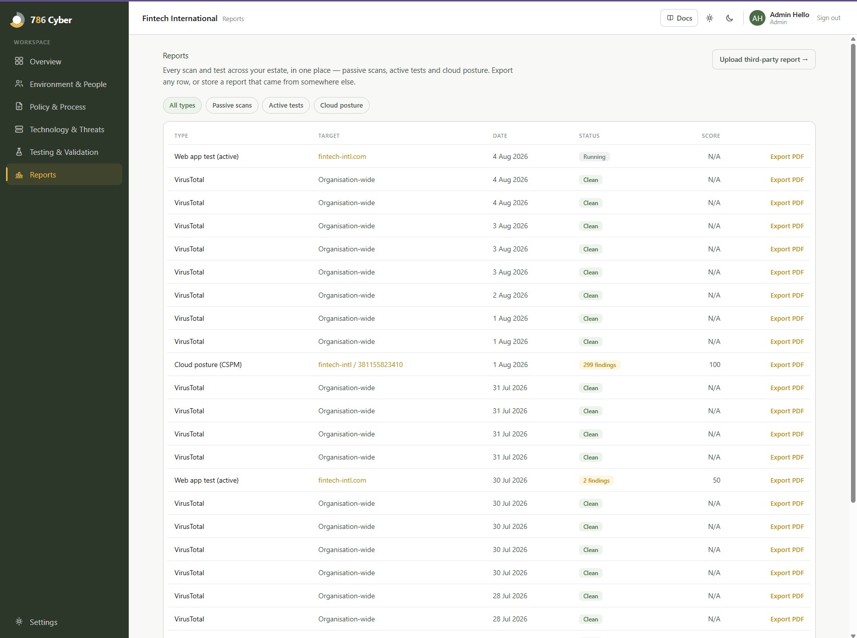 The Reports table on the "All types" filter, showing a running active web app test, a series of passive VirusTotal scans marked Clean, and a cloud posture (CSPM) row carrying 299 findings — each row exportable as a PDF.